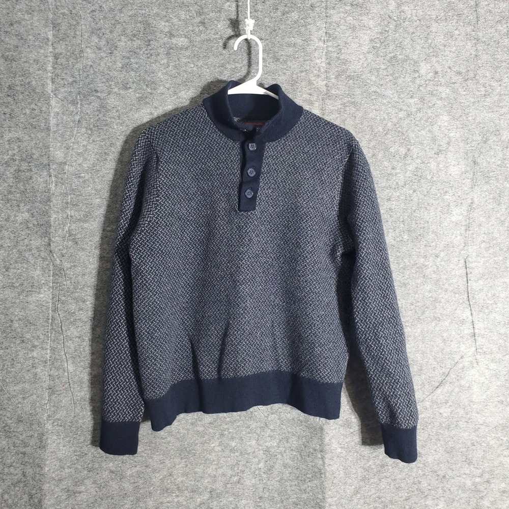 UNTUCKit Merino Wool Sweater Mens XL Navy Sorensen Button Mock Neck Cross Stitch